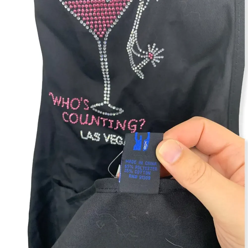 Who's Counting Las Vegas Martini & Heel rhinestone Apron 2 pockets tie back